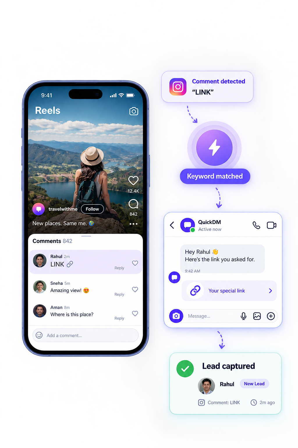 Instagram comment automatically turns into a DM and captured lead with QuickDM